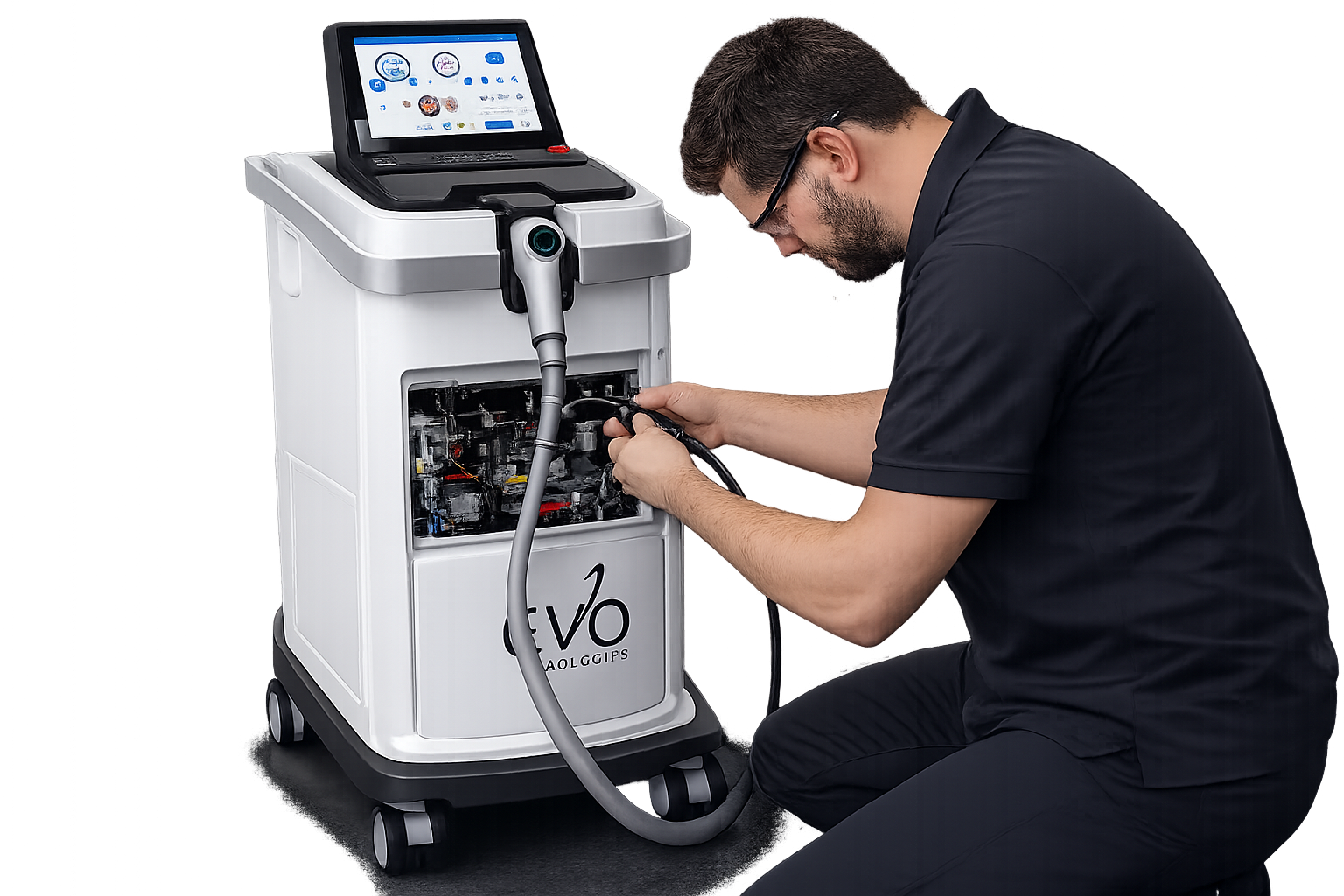 Qualas engineer servicing an EVO aesthetic laser system